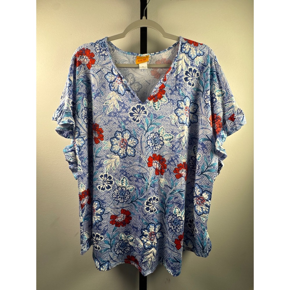Ruby Rd Womens XL Blue Red Floral V-Neck Ruffle Short Sleeve Top Blouse